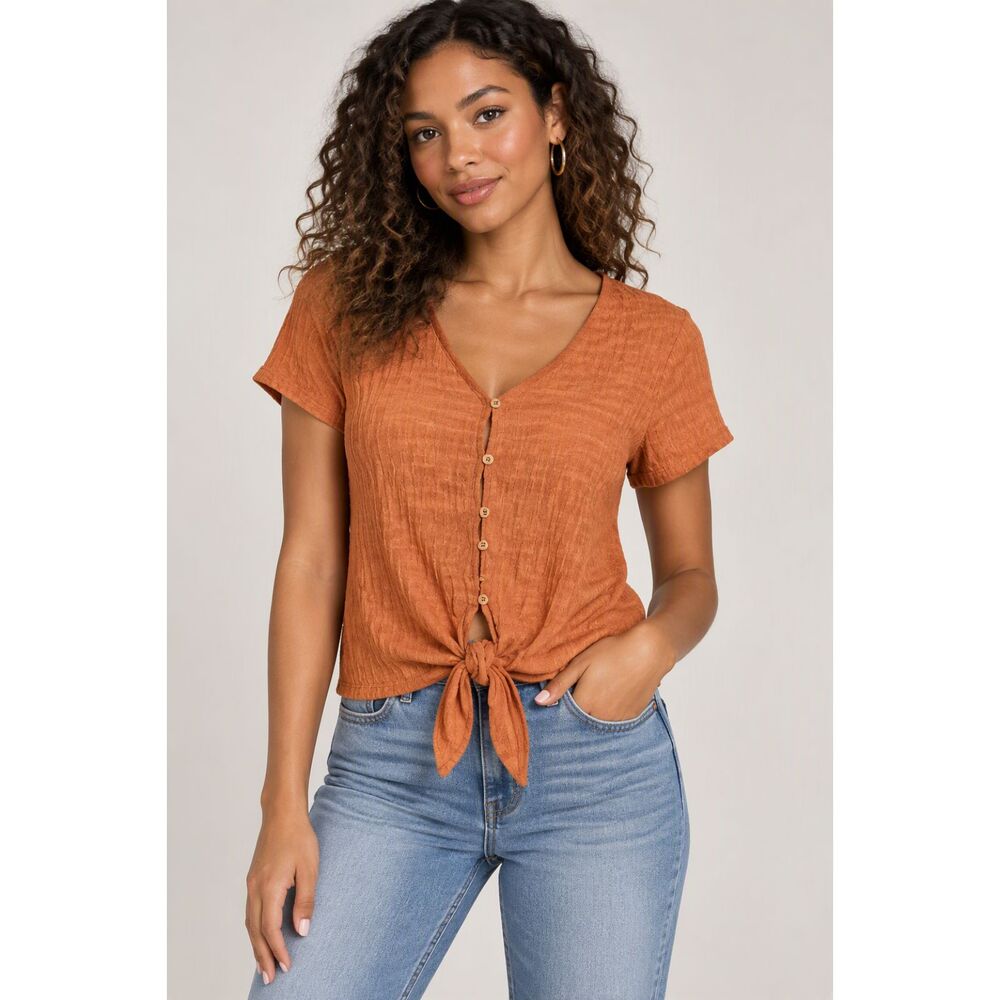 Sanctuary Women's Small Rust Textured Tie Front Button Blouse Boho Short Sleeve